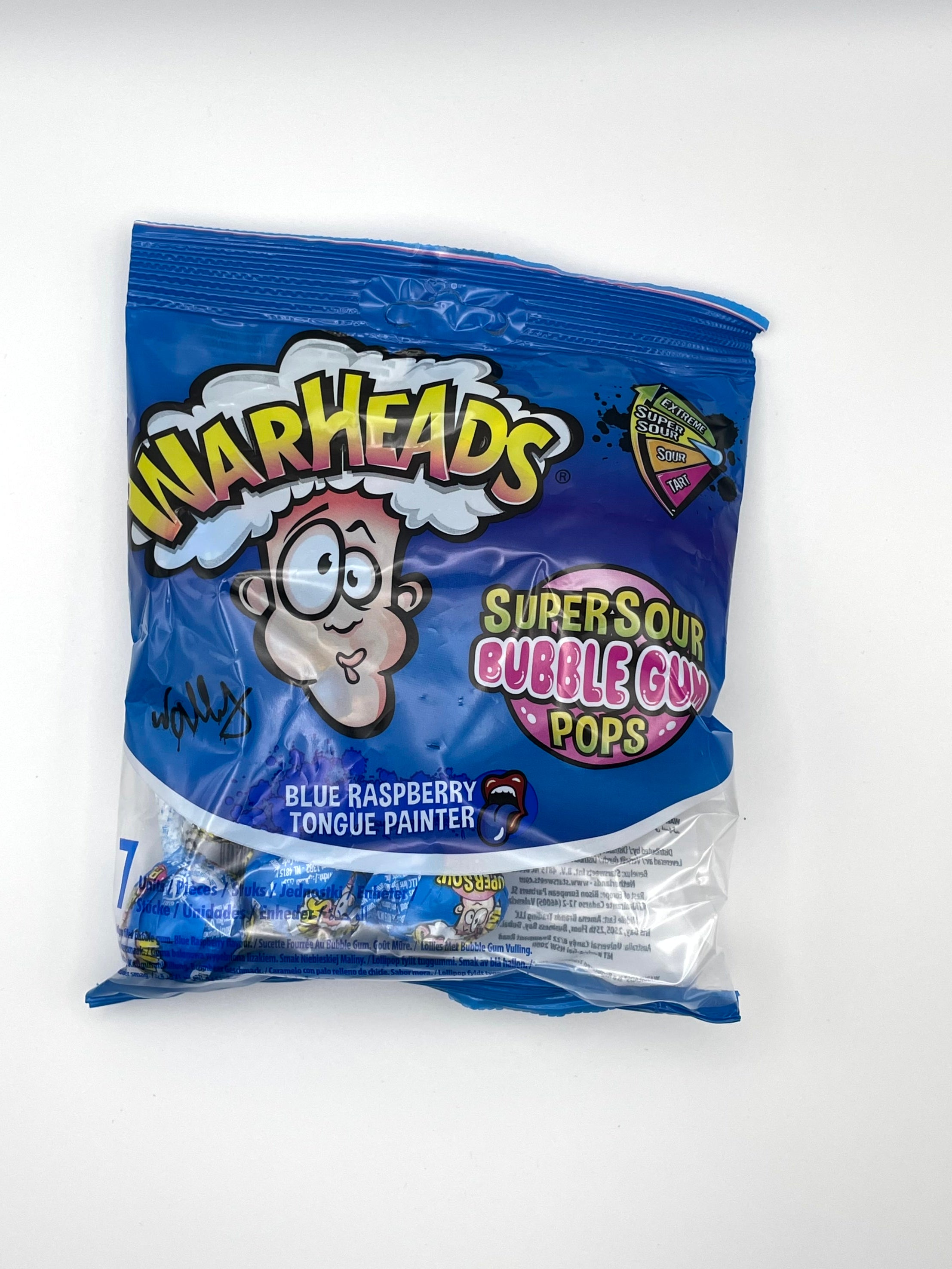 Warheads Super Sour Bubble Gum Pops – Blue Raspberry Tongue Painter (7 Stück / 105 g)
