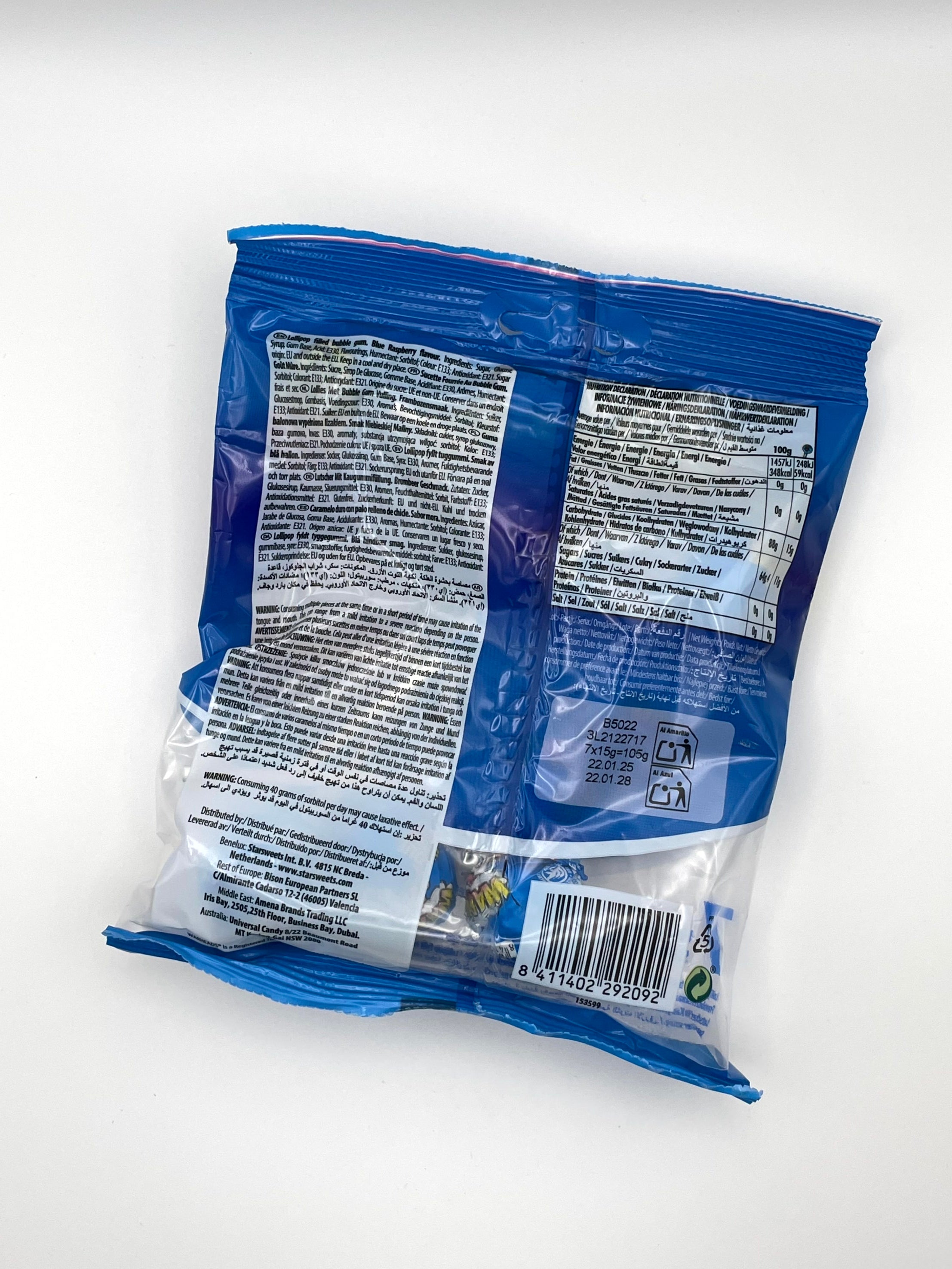 Warheads Super Sour Bubble Gum Pops – Blue Raspberry Tongue Painter (7 Stück / 105 g)