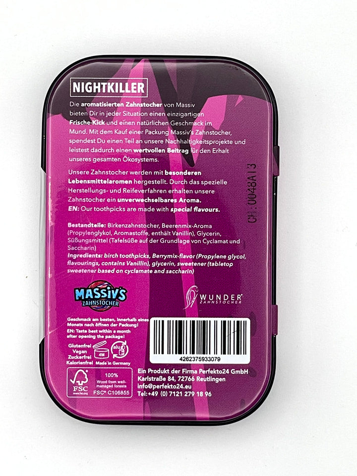 Aromatisierte Birkenzahnstocher Berrymix Ice
Massiv Zahnstocher Nightkiller Dose
Zahnstocher mit Beerenmix und Menthol Aroma
