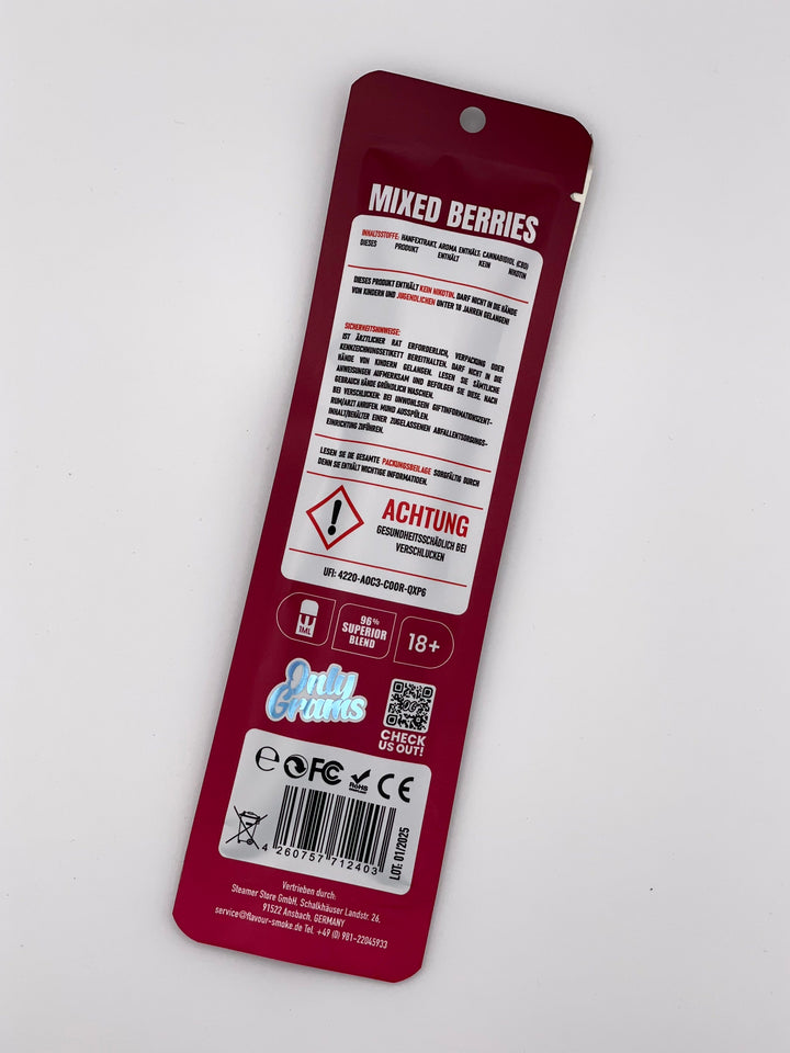 Only Grams PRIME Mixed Berries CBD Vape
CBD Vape Mixed Berries 96 Prozent Superior Blend
Only Grams Mixed Berries Vape Sativa
